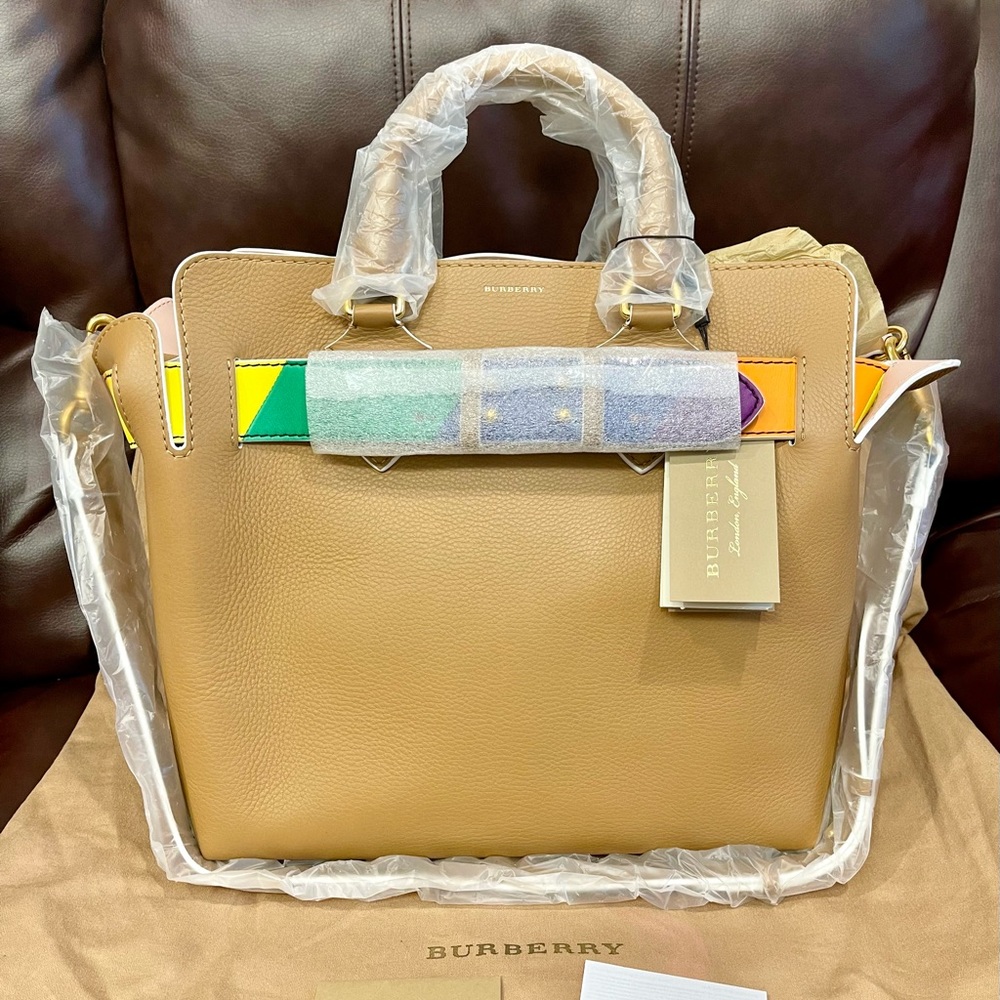 NWT Burberry The Belt tote Bag Medium Rainbow Camel Top Handle Leather Tri-tone